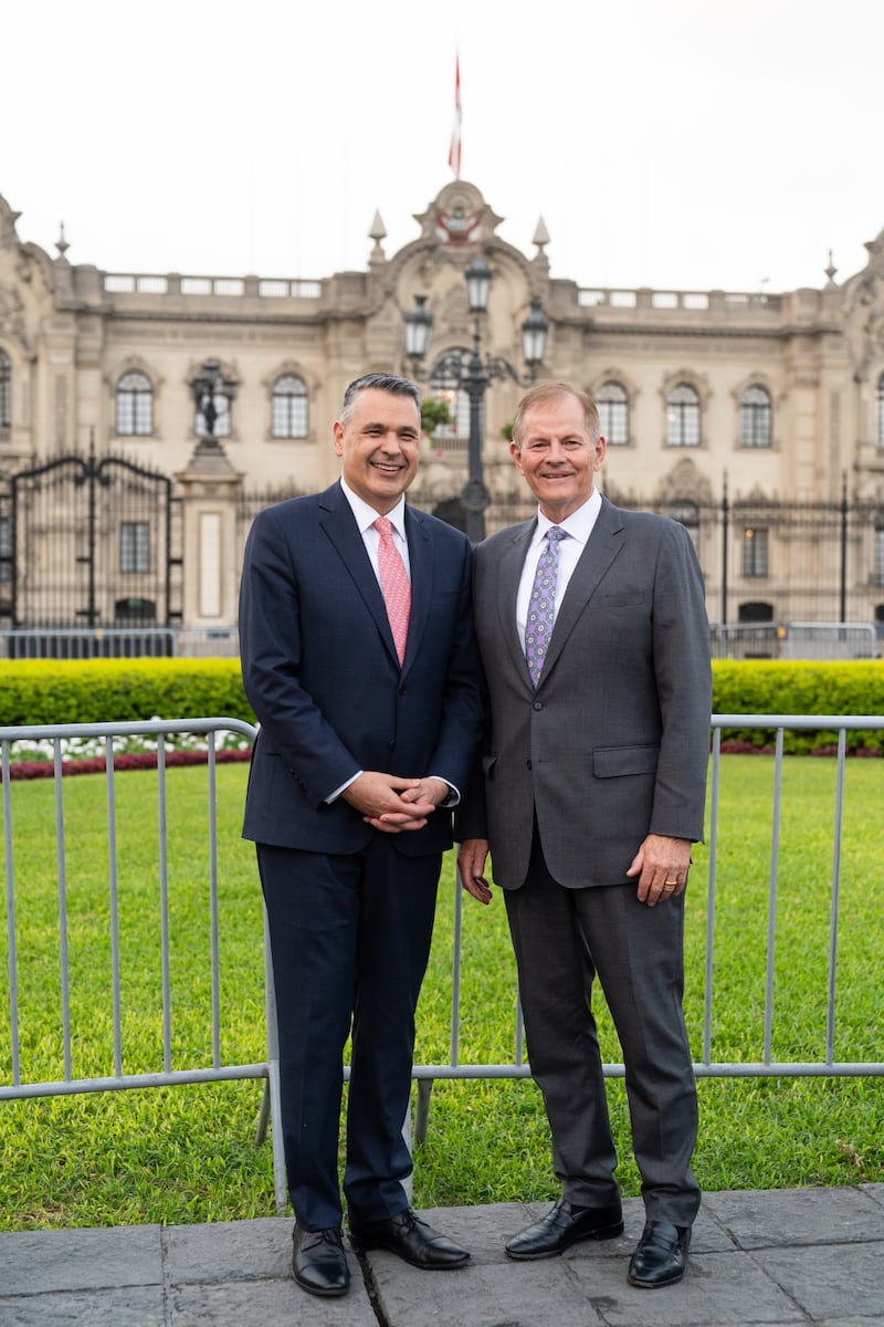 Elder Gary E. Stevenson of the Quorum of the Twelve Apostles of The Church of Jesus Christ of Latter-day Saints and Elder Juan Pablo Villar, a General Authority Seventy and president of the South America Northwest Area, pose for a photo outside the Government Palace in Lima, Peru, on Thursday, Aug. 27, 2026.