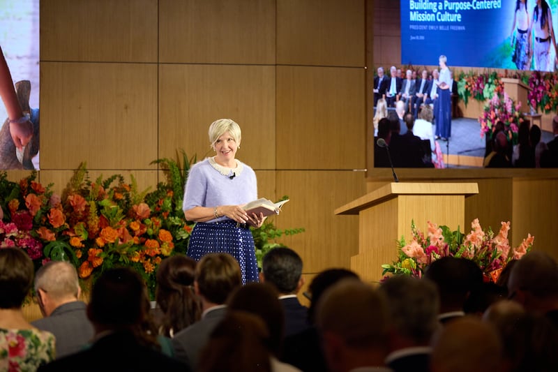 Young Women General President Emily Belle Freeman, a member of the Church’s Missionary Executive Council, speaks during the 2026 Seminar for New Mission Leaders on Saturday, June 20, 2026, at the Provo Missionary Training Center in Provo, Utah.