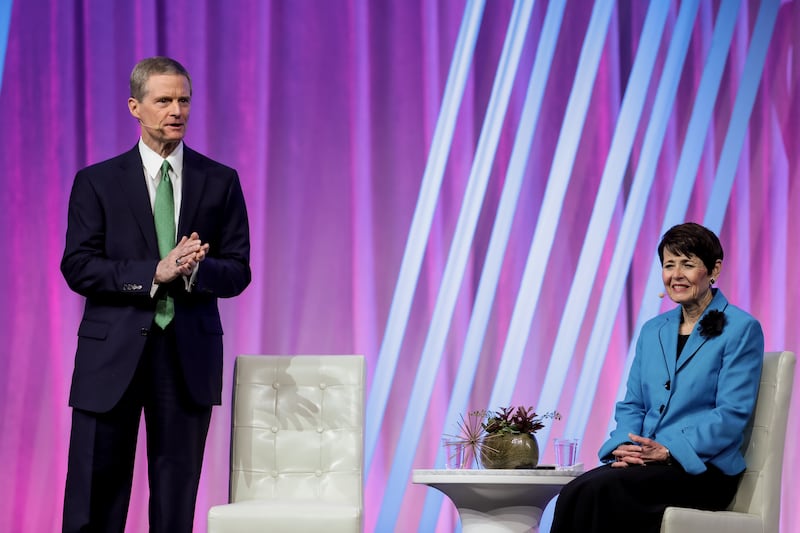 Elder David A. Bednar of the Quorum of the Twelve Apostles and his wife, Sister Susan Bednar, speak during the RootsTech conference at the Salt Palace in Salt Lake City on Saturday, March 2, 2019.