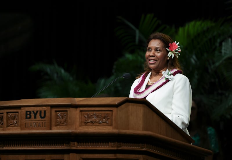 Sister Michelle Amos, wife of Elder John D. Amos, speaks during a BYU–Hawaii devotional held in the Cannon Activities Center in Laie, Hawaii, on Tuesday, Feb. 3, 2026.