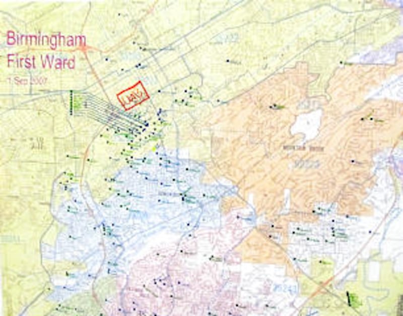 Map of the Birmingham 1st Ward, Birmingham Alabama Stake, pinpoints homes that were damaged by torna