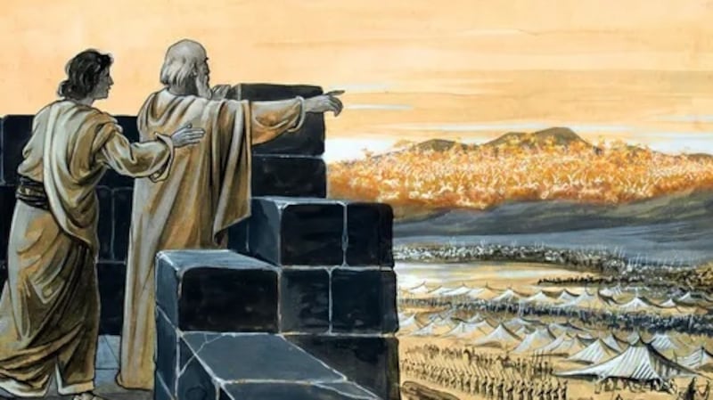 An illustration of Elisha showing his servant the chariots of fire.