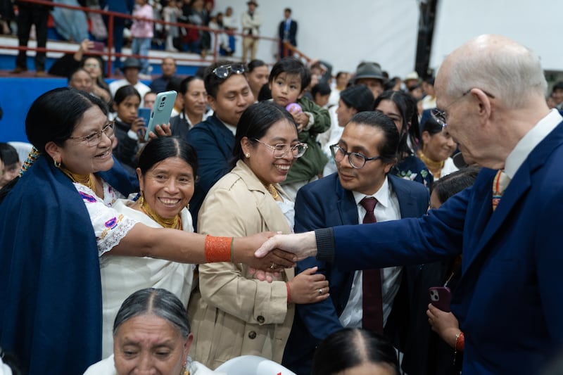 Elder Dale G. Renlund of the Quorum of the Twelve Apostles greets Latter-day Saints in Otavalo, Ecuador.