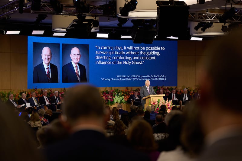 Elder Ronald A. Rasband shows a slide with the Prophet's words during the 2026 Seminar for New Mission Leaders on Thursday, June 18, 2026, in the Provo Missionary Training Center in Provo, Utah.