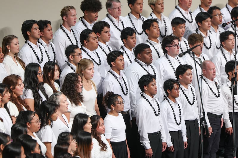 A choir performs during a devotional with Presiding Bishop W. Christopher Waddell held in the Cannon Activities Center in Laie, Hawaii, on Tuesday, Oct. 13, 2026.