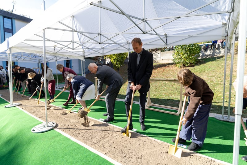 Elder Michael Cziesla — a General Authority Seventy and member of the Church’s Europe Central Area presidency, third from right — and his wife, Sister Margret Cziesla, fourth from right, join others to ceremonially turn the soil to mark the beginning of construction for the Vienna Austria Temple in Vienna, Austria, on Oct. 17, 2026.