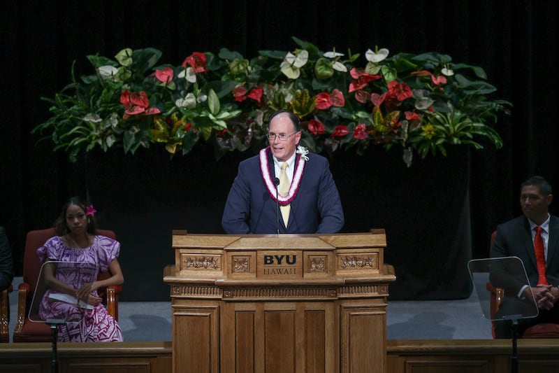 Presiding Bishop W. Christopher Waddell speaks during a BYU–Hawaii devotional held in the Cannon Activities Center in Laie, Hawaii, on Tuesday, Oct. 13, 2026.