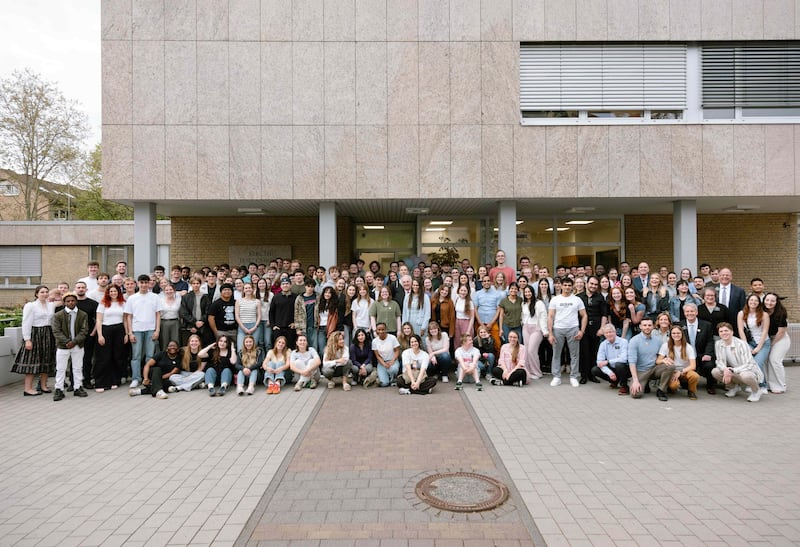 Dozens of young adults and Church leaders take a photo on the day the new Frankfurt Institute of Religion was dedicated in Frankfurt, Germany, April 18, 2026.
