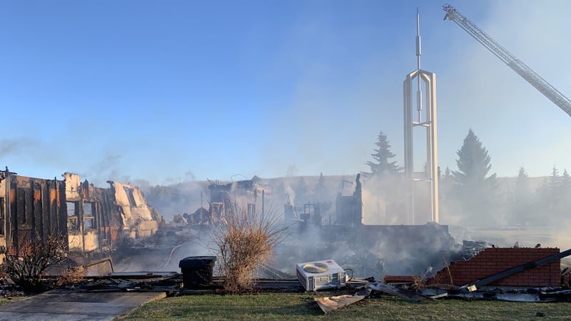 The Latter-day Saint chapel in Cherry Grove, Alberta, Canada, after it burned down the morning of April 28, 2023.