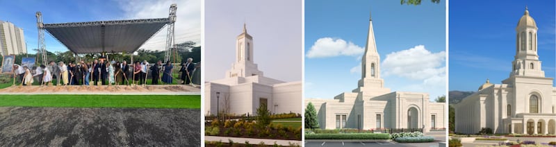 From left to right: Elder Ciro Schmeil, a General Authority Seventy and first counselor in the Church's Brazil Area presidency, and his wife, Sister Alessandra Schmeil, center, join other local Church members and leaders to break ground for the Teresina Brazil Temple on Saturday, April 18, 2026, in Teresina, Brazil; The Willamette Valley Oregon Temple; Exterior rendering of the Springfield Missouri Temple; A rendering of the Ephraim Utah Temple.