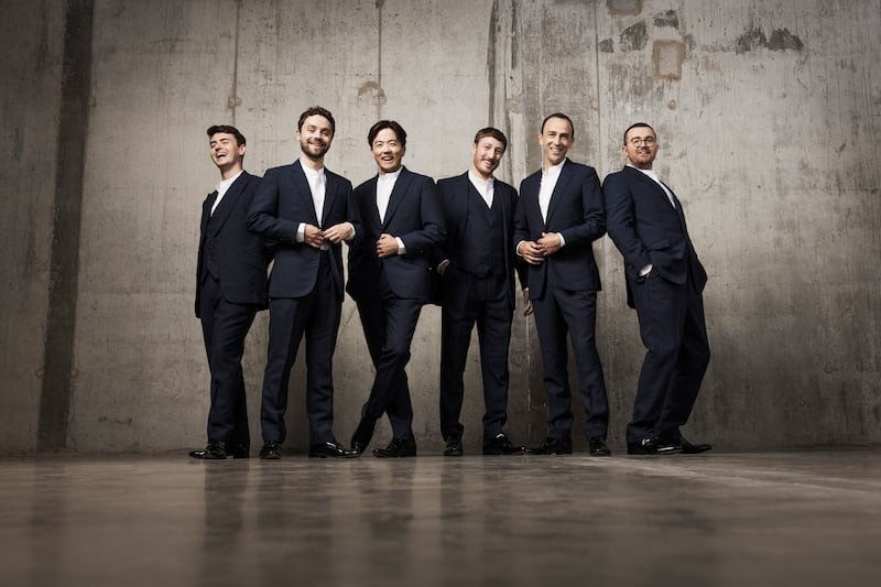 The King's Singers, England's six-man a cappella ensemble, are, from left, Patrick Dunachie, Edward Button, Julian Gregory, Christopher Bruerton, Nick Ashby and Piers Connor Kennedy.
