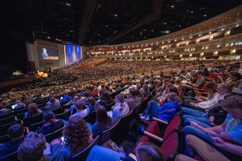 Students listen as Elder Karl D. Hirst, General Authority Seventy, speaks during a Brigham Young University–Idaho devotional on Tuesday, Nov. 18, 2025.