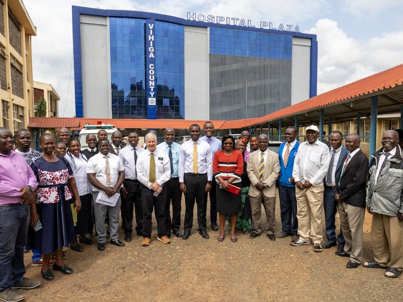 Leaders from The Church of Jesus Christ of Latter-day Saints join with local leaders standing outside of the new Vihiga County Hospital in Vihiga County, Kenya, on May 21, 2026.
