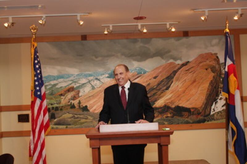 President Thomas S. Monson speaks at a reception prior to Mormon Tabernacle Choir concert at Red Roc