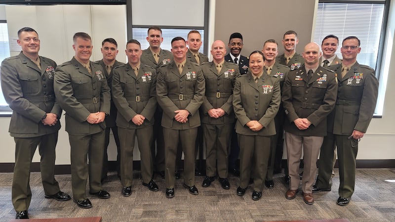 Retired U.S. Marine Maj. Yen Soto, second from the right on the front row, is pictured with fellow graduates of Expeditionary Warfare School at Quantico, Virginia, in May 2023.