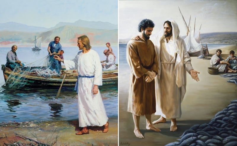 Left: “Calling of the Fisherman (Christ Calling Peter and Andrew)” by Harry Anderson. Right: “Lovest Thou Me More Than These?” by David Lindsley.