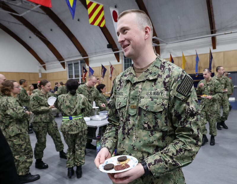 Officer candidate Mikhail Scheel attends the Sailors’ Devotional in Newport, Rhode Island.