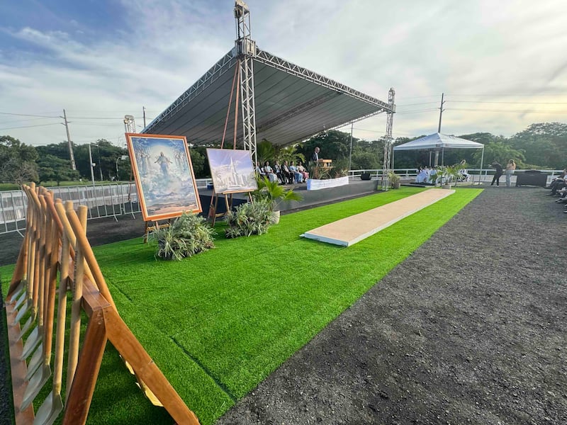 A painting of the Savior, Jesus Christ, and an exterior rendering of the Teresina Brazil Temple are displayed at the temple's groundbreaking ceremony on Saturday, April 18, 2026, in Teresina, Brazil.