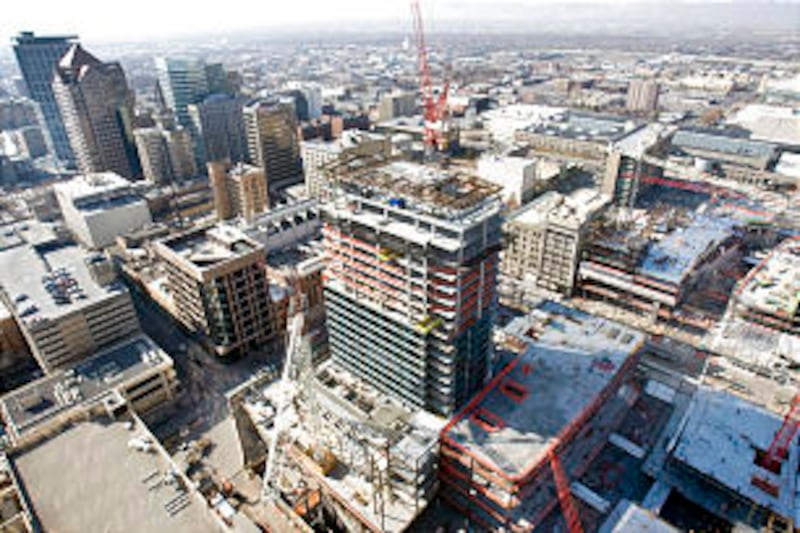 A view looking south from the roof of the Key Bank building of the new City Creek development in dow