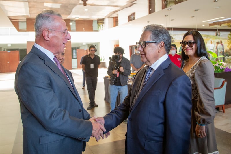 Elder Ulisses Soares of the Quorum of the Twelve Apostles greets Senate President Higinio Martínez at the Mexico Missionary Training Center in Mexico City, Mexico, on Aug. 28, 2026.