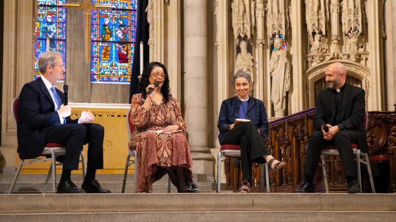 Elder Robert M. Daines moderates an interfaith panel at the Riverside Church in New York City on Saturday, Sept. 19, 2026, with the Rev. Que English, the. Rev. Chloe Breyer and Father Nicolas Kazarian.