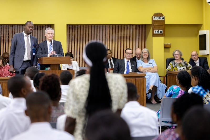 Elder David A. Bednar addresses missionaries at the Missionary Training Center in Kinshasa, Democratic Republic of the Congo, March 15, 2026.