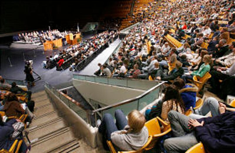 Students and faculty listen to Elder Donald L. Hallstrom of the Presidency of the Seventy speaks at