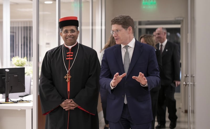 Cardinal George Jacob Koovakad, prefect of the Dicastery for Interreligious Dialogue, left, walks with Elder Alan R. Walker, a General Authority Seventy and president of the Church's South America South Area, right, at an interfaith event in Buenos Aires, Argentina, on Sept. 10, 2026.