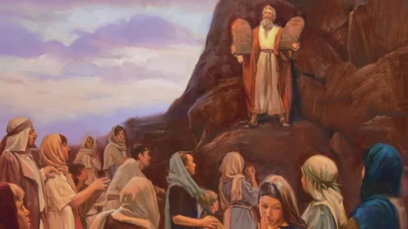 An illustration of Moses holding the Ten Commandments by Sam Lawlor.