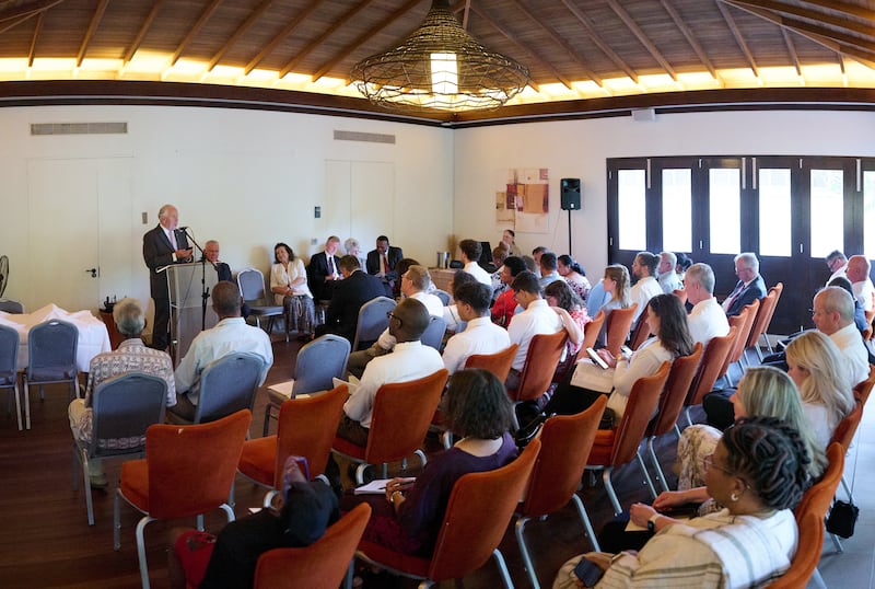 Elder Ronald A. Rasband of the Quorum of the Twelve Apostles speaks at a chapel in Victoria, Seychelles, on Oct. 26, 2025.