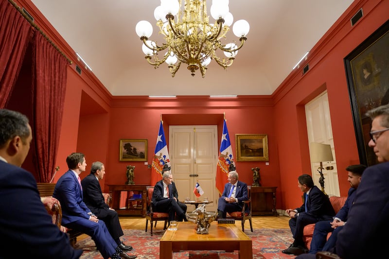 Elder David A. Bednar meets with Chilean President José Antonio Kast at La Moneda Palace.