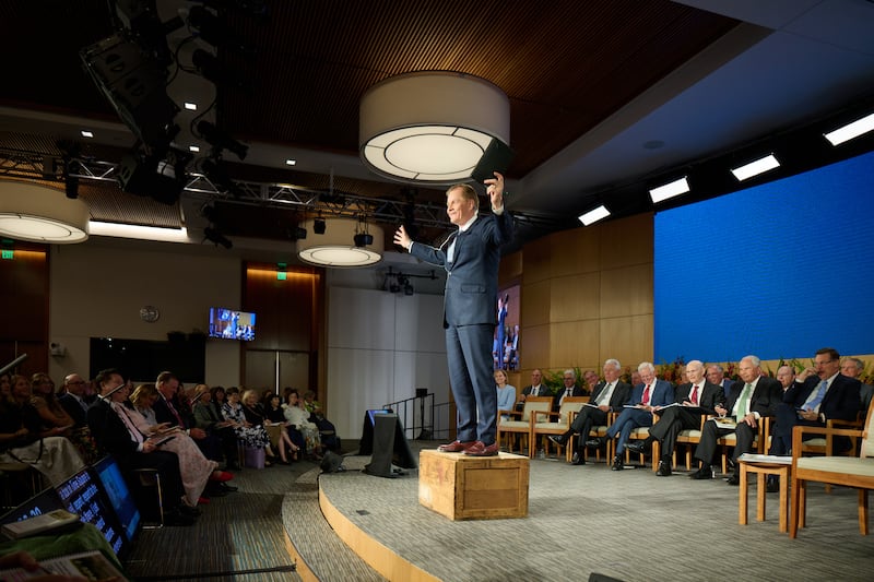 Elder Gary E. Stevenson of the Quorum of the Twelve Apostles stands on a soapbox while speaking at the 2026 Seminar for New Mission Leaders at the Provo Missionary Training Center in Provo, Utah, on Friday, June 19, 2026.