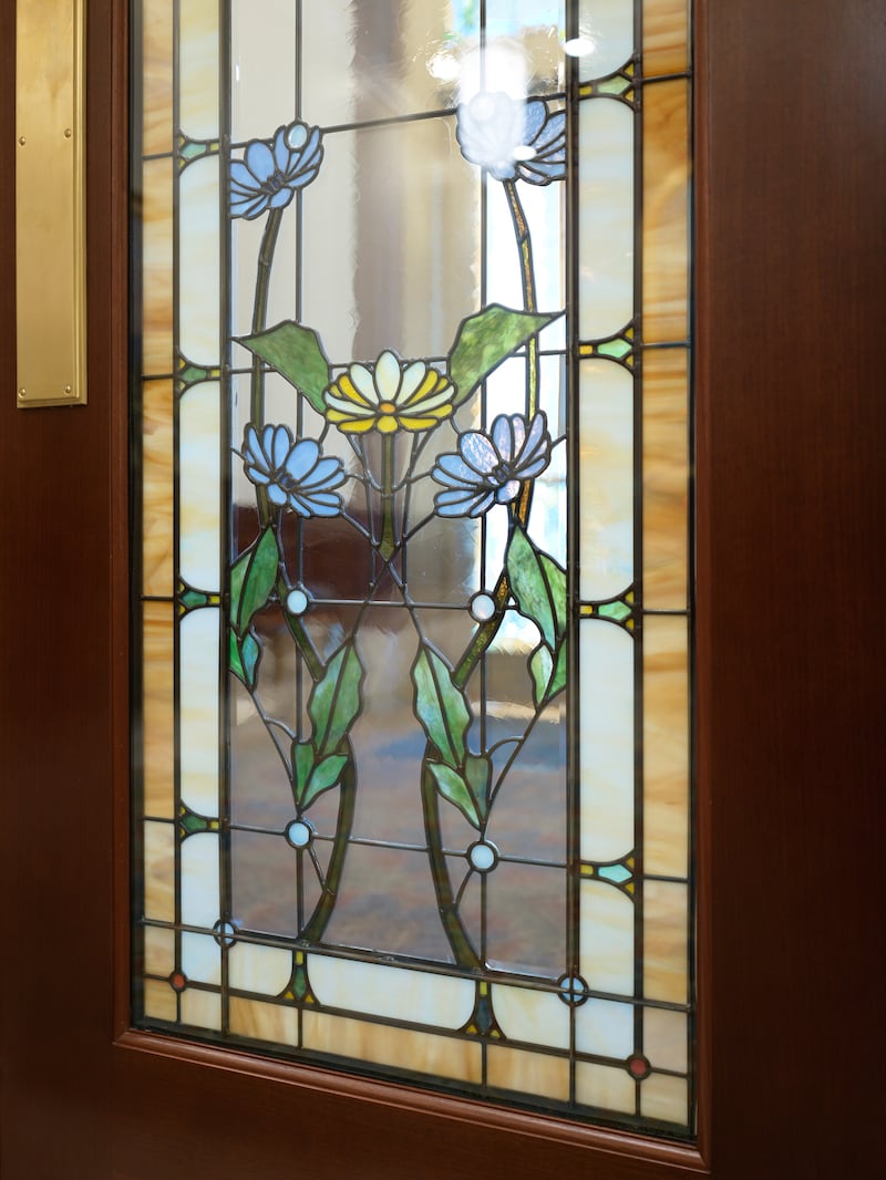 An art-glass window inside the Montpelier Idaho Temple.