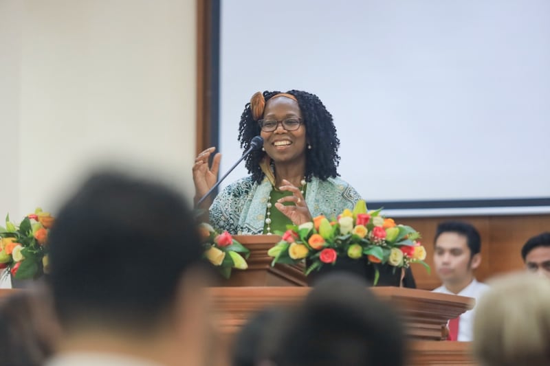 President Rosemary K. Chibota speaks to more than 800 Latter-day Saints gathered for a devotional in Tacloban City, Philippines, Sept. 19, 2026.