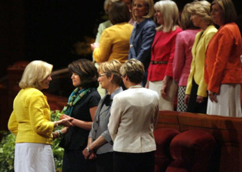 Sister Elaine S. Dalton, Young Women general president, left, greets her friends after the annual Ge