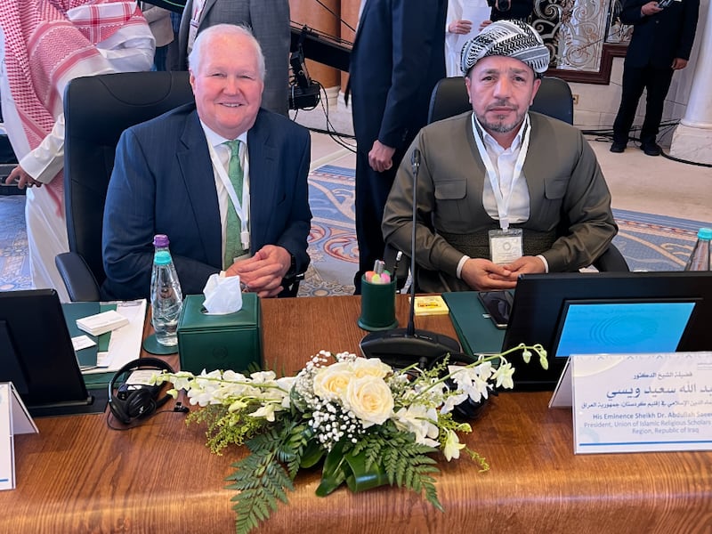 Elder Anthony D. Perkins and Abdulla S. Waise at the Muslim World League Forum on Common Values Among Religious Followers, held in Riyadh, Saudi Arabia, May 11, 2022.