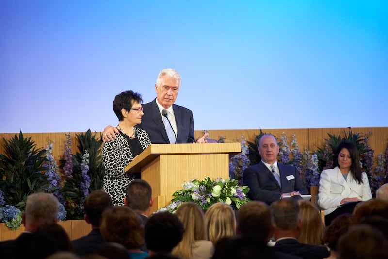 Elder Dieter F. Uchtdorf and his wife, Sister Harriet Uchtdorf, address new mission presidents and their wives during the 2018 Mission Leadership Seminar held in the Provo MTC June 24-26.