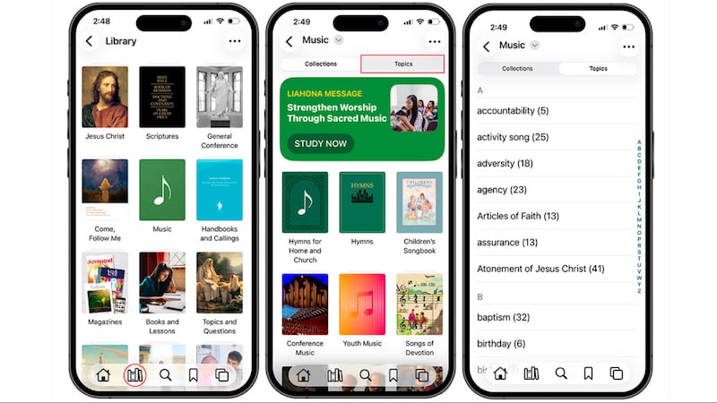 An image of the topics search bar in the Music section of the Gospel Library app.