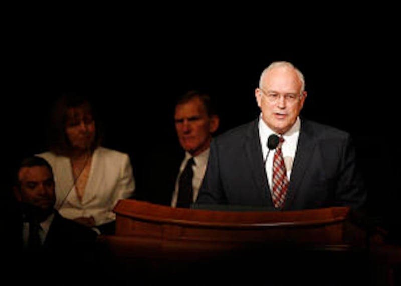 Elder Paul V. Johnson speaks at a broadcast for Church Educational System instructors in the Confere