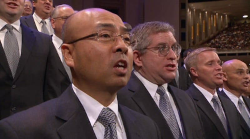 Members of the Mormon Tabernacle Choir provide music during the Sunday morning session of the 183rd