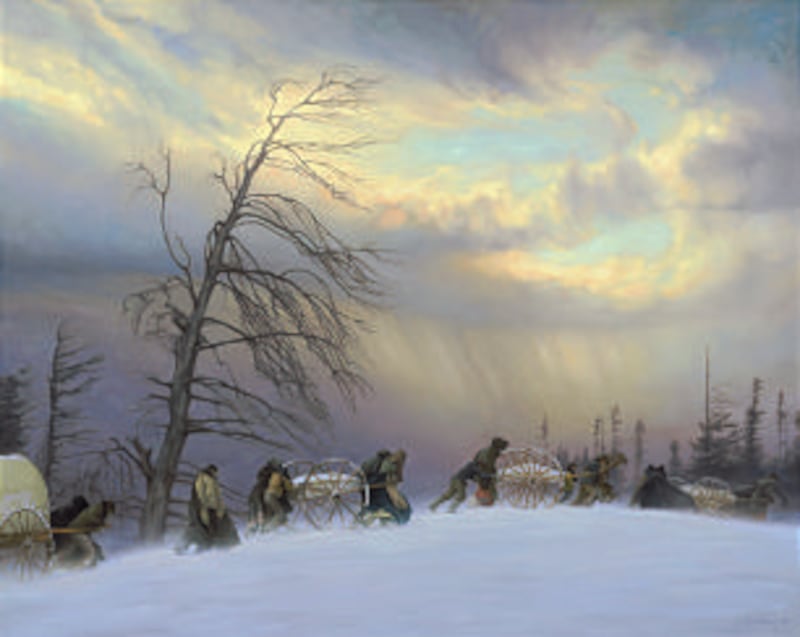 "Ever Onward," a painting by Joseph F. Brickey, depicts the devastating winter conditions endured by