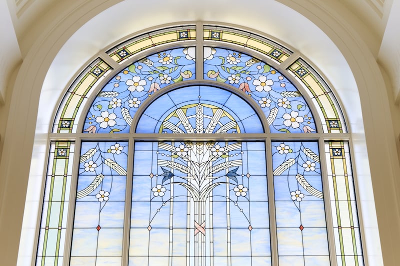 An art-glass window inside the Ephraim Utah Temple.