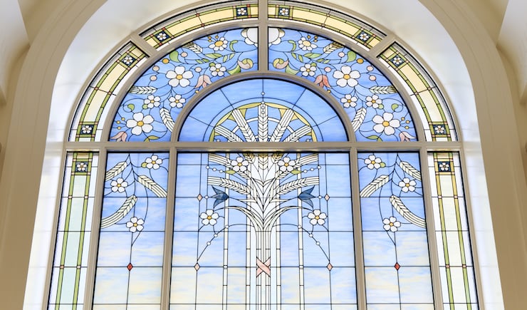 An art-glass window inside the Ephraim Utah Temple.