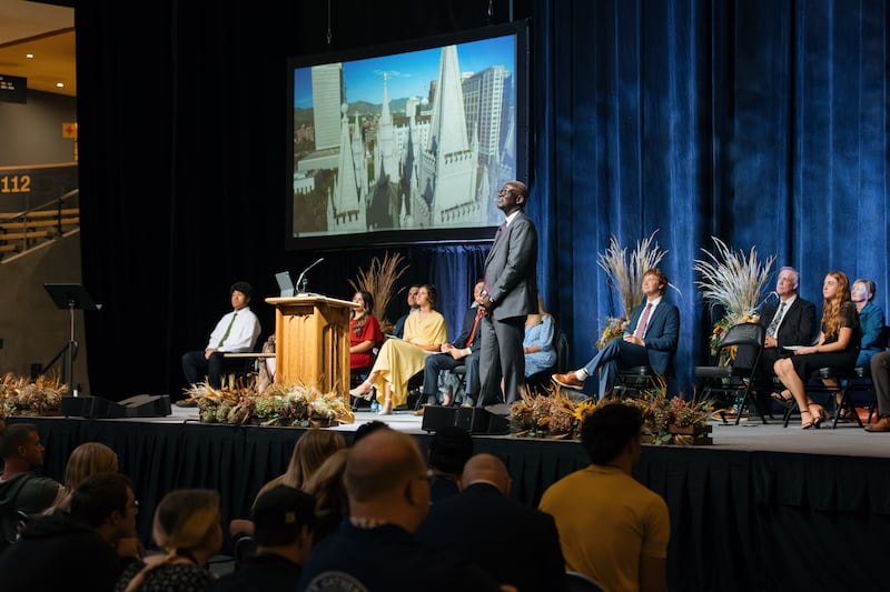 Elder Peter M. Johnson, a General Authority Seventy, speaks during a "100 years of institute" commemorative devotional held in the ICCU Arena on the University of Idaho campus in Moscow, Idaho, on Saturday, Sept. 26, 2026.