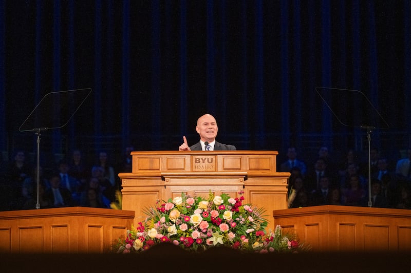 President Alvin F. Meredith III speaks to BYU–Idaho students during the first campus devotional of the semester, Jan. 13, 2026, in Rexburg, Idaho.