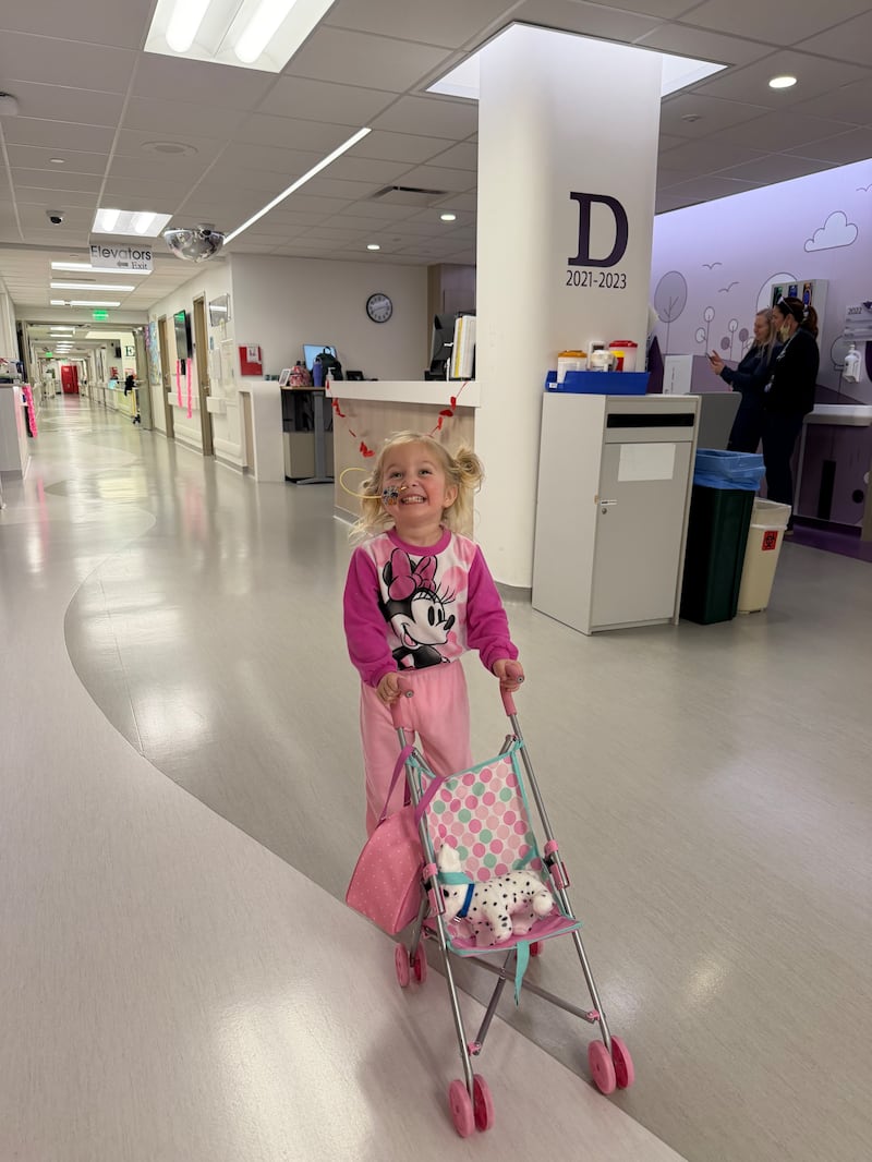 Estelle Santiago, then 3 years old, plays at Primary Children's Hospital during her recovery from a severe illness that she contracted in Uruguay in January 2026.