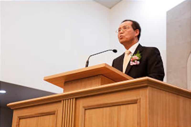 YongHwan Lee, recently released Seoul Mission President, addresses celebrants assembled for the 50th