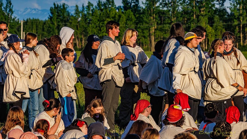 Youth from the Eagle River Alaska Stake, dressed in ancient clothing, stand during "Camp Hesed's," opening ceremonies, June 9-13, 2026.