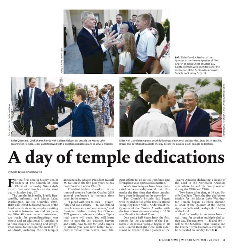 A Church News page from a 2023 edition reports on the historic same-day dedications of 3 temples.