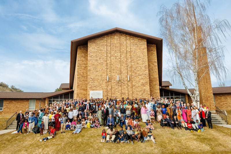 More than 100 members and friends of the newly created Treasure Valley Ward (Swahili) take a picture outside the chapel on Sunday, Feb. 8, 2026, in Boise, Idaho.